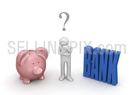 Choosing whether open bank account or leave in piggybank (3d isolated on white background characters series)