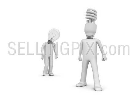 Classic and Energy-efficient lamps instead of human heads (3d isolated characters on white background series)