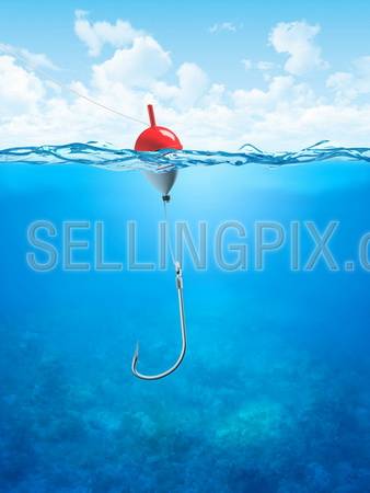 Float, fishing line and hook underwater (3d illustrations concepts series to use as backgrounds or workpieces)
