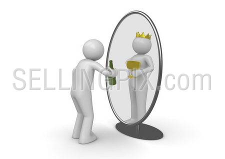 Narcissist – man with bottle king in mirror (3d isolated characters on white background series)