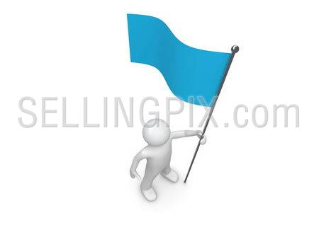 Man holds blue flag on flagpole (3d isolated characters on white background series)