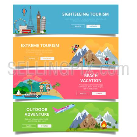 Travel tourism type banner flat style vector set. Vacation landmark monument collage. Sightseeing extreme beach outdoor adventure.