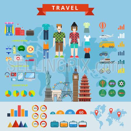 Travel people infographics constructor flat style concept web template. Creative tourism vacation website infographic collection. Costume luggage accessory transport graphic sights world map.