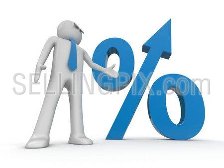 Businessman and percent sign with growth arrow (3d isolated characters on white background series)