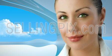 Attractive green-eyed young businesswoman (remarkable future interiors series with furniture, people and copy space)