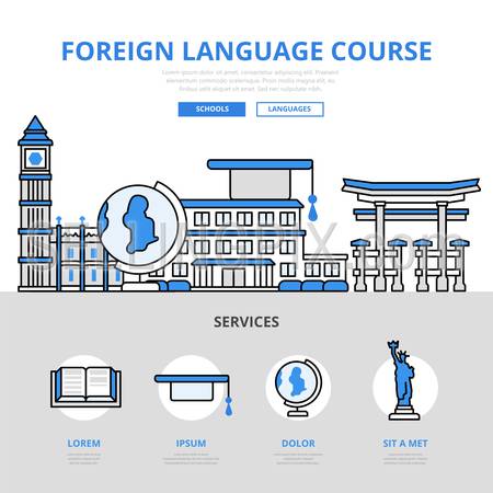 Foreign language course school college university education concept flat line art vector icons. Modern website infographics illustration hero image web banner. Lineart collection.