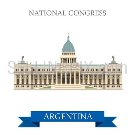 National Congress in Buenos Aires Argentina. Flat cartoon style historic sight showplace attraction web site vector illustration. World countries cities vacation travel sightseeing South America collection.