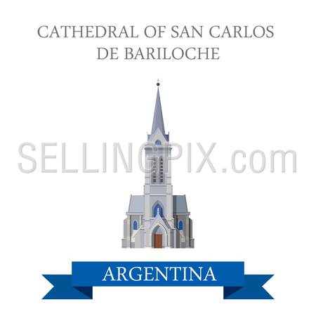 Cathedral of San Carlos de Bariloche in Rio Negro Argentina. Flat cartoon style historic sight showplace attraction web site vector illustration. World countries cities vacation travel sightseeing South America collection.