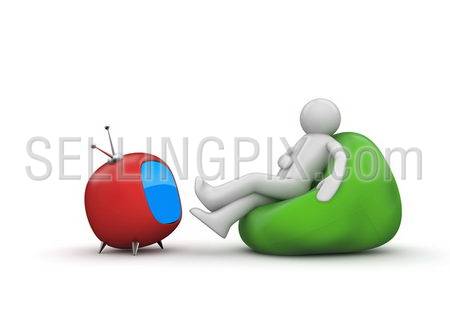 Man watching TV (3d isolated characters on white background series)