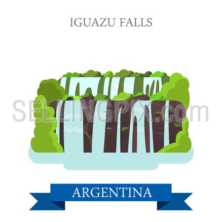 Iguazu Falls in Argentina. Flat cartoon style historic sight showplace attraction web site vector illustration. World countries cities vacation travel sightseeing South America collection.