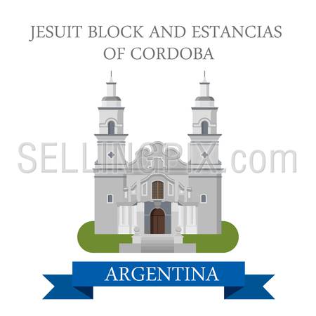 Jesuit Block and Estancias of Cordoba in Argentina. Flat cartoon style historic sight showplace attraction web site vector illustration. World countries cities vacation travel sightseeing South America collection.