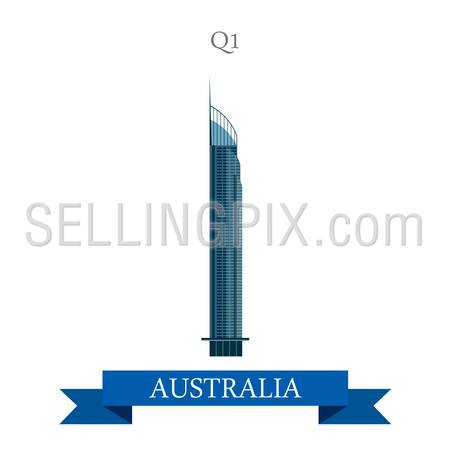 Q1 tower in Gold Coast Queensland Australia. Flat cartoon style historic sight showplace attraction web site vector illustration. World countries cities vacation travel sightseeing Australian collection.
