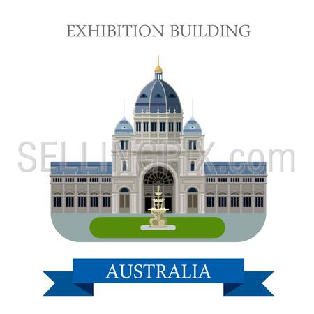 Royal Exhibition building in Melbourne Australia. Flat cartoon style historic sight showplace attraction web site vector illustration. World countries cities vacation travel sightseeing Australian collection.