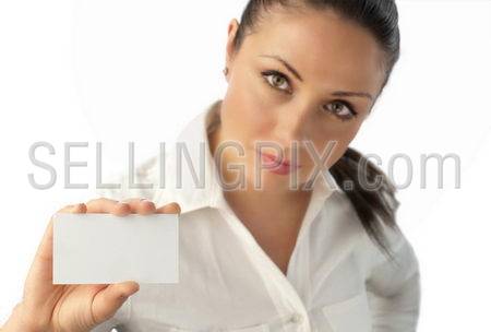 Attractive young businesswoman with empty business card (business people isolated on white background series)