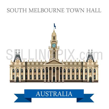 South Melbourne Town Hall in Australia. Flat cartoon style historic sight showplace attraction web site vector illustration. World countries cities vacation travel sightseeing Australian collection.