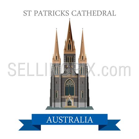St Patricks Cathedral in Melbourne Australia. Flat cartoon style historic sight showplace attraction web site vector illustration. World countries cities vacation travel sightseeing Australian collection.