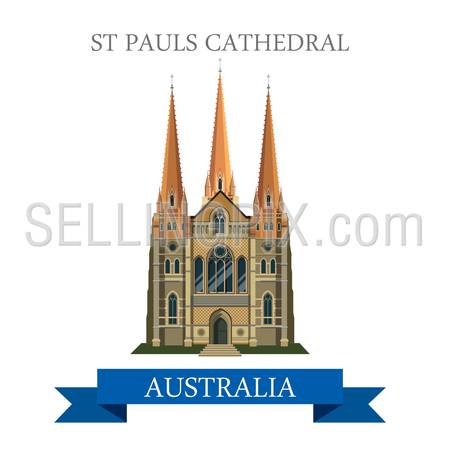 St Pauls Cathedral in Melbourne Australia. Flat cartoon style historic sight showplace attraction web site vector illustration. World countries cities vacation travel sightseeing South America collection.