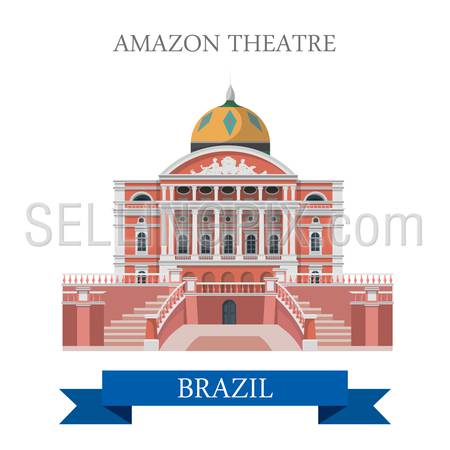 Amazon Theatre in Brazil. Flat cartoon style historic sight showplace attraction web site vector illustration. World countries cities vacation travel sightseeing South America collection.