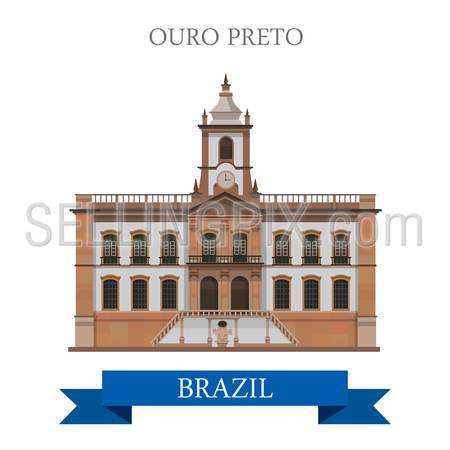 Ouro Preto in Brazil. Flat cartoon style historic sight showplace attraction web site vector illustration. World countries cities vacation travel sightseeing South America collection.