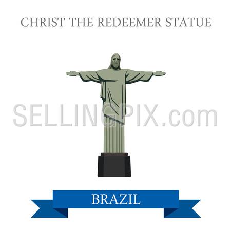 Christ the Redeemer Statue in Rio de Janeiro Brazil. Flat cartoon style historic sight showplace attraction web site vector illustration. World countries cities vacation travel sightseeing South America collection.