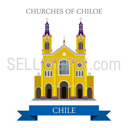 Churches of Chiloe in Chile. Flat cartoon style historic sight showplace attraction web site vector illustration. World countries cities vacation travel sightseeing South America collection.