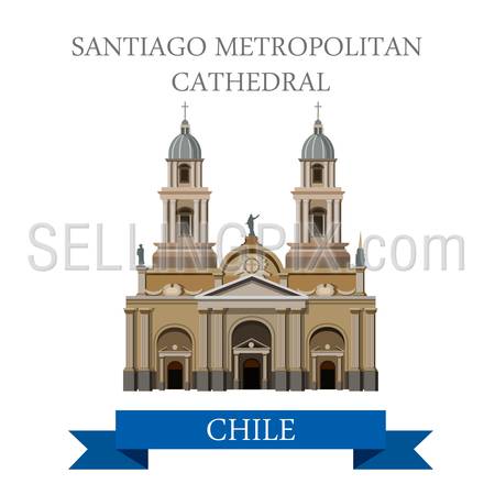 Santiago Metropolitan Cathedral in Chile. Flat cartoon style historic sight showplace attraction web site vector illustration. World countries cities vacation travel sightseeing South America collection.
