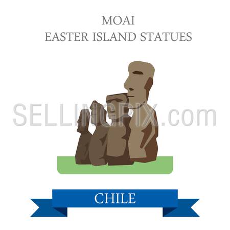 Moai Easter Island Statues in Chile. Flat cartoon style historic sight showplace attraction web site vector illustration. World countries cities vacation travel sightseeing South America collection.