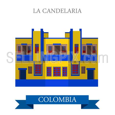 La Candelaria in Bogota Colombia. Flat cartoon style historic sight showplace attraction web site vector illustration. World countries cities vacation travel sightseeing South America collection.