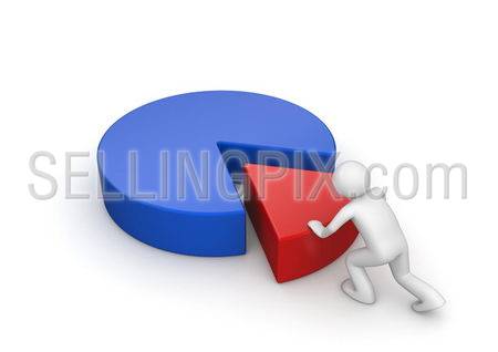 Man shoves segment into pie chart (3d business isolated characters on white background series)