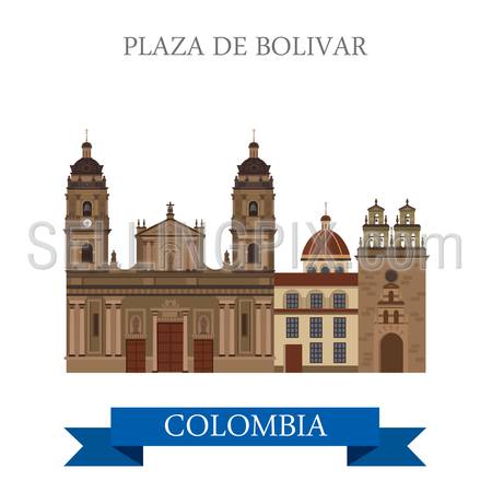 Plaza de Bolivar in Bogota Colombia. Flat cartoon style historic sight showplace attraction web site vector illustration. World countries cities vacation travel sightseeing South America collection.