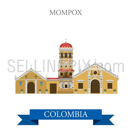 Mompox in Colombia. Flat cartoon style historic sight showplace attraction web site vector illustration. World countries cities vacation travel sightseeing South America collection.