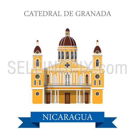 Cathedral de Granada in Nicaragua. Flat cartoon style historic sight showplace attraction web site vector illustration. World countries cities vacation travel sightseeing Central America collection.