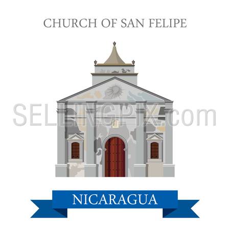 Church of San Felipe in Nicaragua. Flat cartoon style historic sight showplace attraction web site vector illustration. World countries cities vacation travel sightseeing Central America collection.