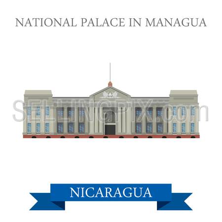 National Palace in Managua Nicaragua. Flat cartoon style historic sight showplace attraction web site vector illustration. World countries cities vacation travel sightseeing Central America collection.