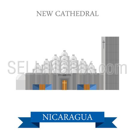 New Cathedral in Managua Nicaragua. Flat cartoon style historic sight showplace attraction web site vector illustration. World countries cities vacation travel sightseeing Central America collection.