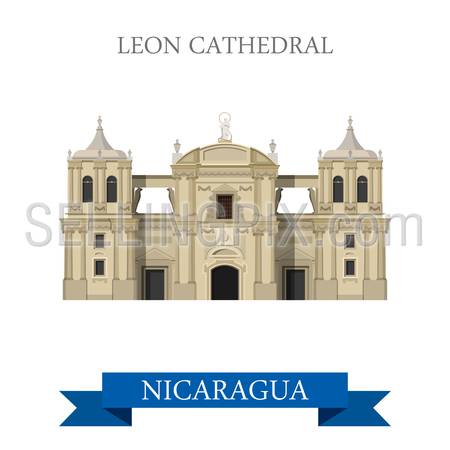 Leon Cathedral in Nicaragua. Flat cartoon style historic sight showplace attraction web site vector illustration. World countries cities vacation travel sightseeing Central America collection.