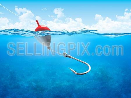 Float, fishing line and hook underwater vertical (3d illustrations concepts series to use as backgrounds or workpieces)