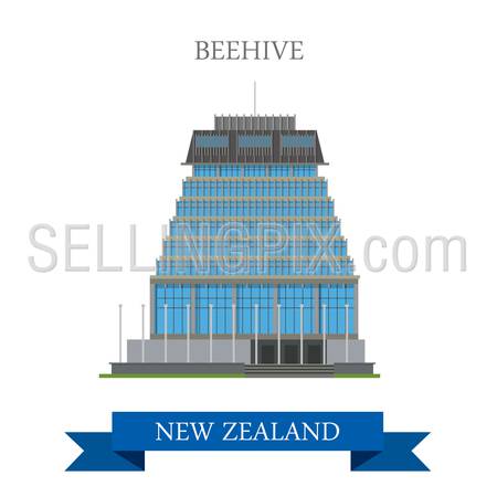 Beehive Parliament Building in Wellington New Zealand. Flat cartoon style historic sight showplace attraction web site vector illustration. World countries cities vacation travel sightseeing collection