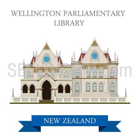 Parliamentary Library in Wellington New Zealand. Flat cartoon style historic sight showplace attraction web site vector illustration. World countries cities vacation travel sightseeing collection
