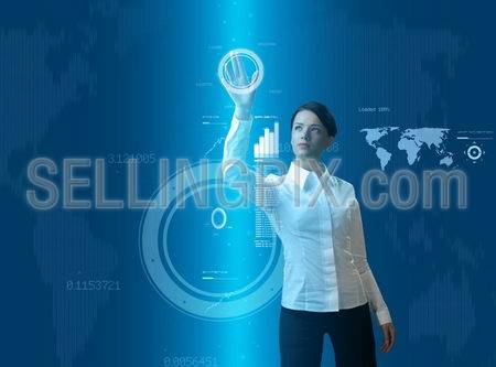 Attractive brunette young woman in futuristic interface (business people in virtual space photo collages series)