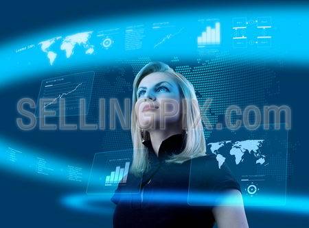 Attractive blonde young woman in futuristic interface (business people in virtual space photo collages series).Future technology concept.