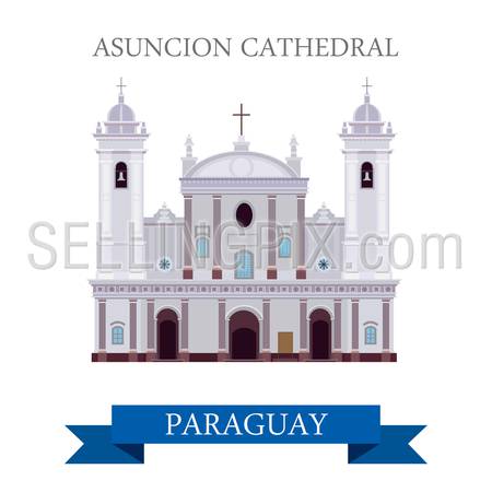 Asuncion Cathedral in Paraguay. Flat cartoon style historic sight showplace attraction web site vector illustration. World countries cities vacation travel sightseeing South America collection.