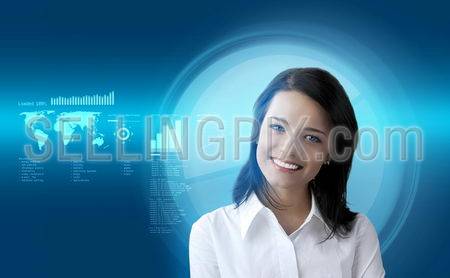 Happy smiling brunette futuristic interface (outstanding business people in interiors / interfaces series)