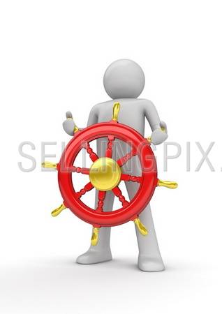 Happy captain steering the wheel (3d isolated on white background characters series)