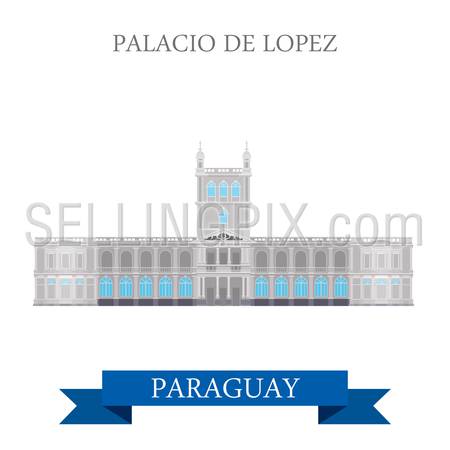 Palacio De Lopez in Asuncion, Paraguay. Flat cartoon style historic sight showplace attraction web site vector illustration. World countries cities vacation travel sightseeing South America collection.