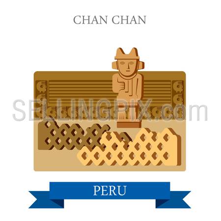 Chan Chan in Trujillo, Peru. Flat cartoon style historic sight showplace attraction web site vector illustration. World countries cities vacation travel sightseeing South America collection.