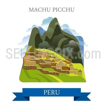 Machu Picchu in Peru. Flat cartoon style historic sight showplace attraction web site vector illustration. World countries cities vacation travel sightseeing South America collection.