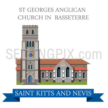 St George Anglican Church in Basseterre Saint Kitts and Nevis. Flat cartoon style historic showplace attraction web vector. World countries cities vacation travel sightseeing South America collection