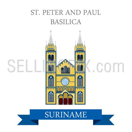 St Peter and Paul Basilica in Suriname. Flat cartoon style historic sight showplace attraction web site vector illustration. World countries cities vacation travel sightseeing South America collection