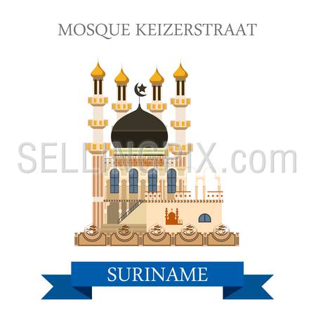 Mosque Kiezerstraat in Suriname. Flat cartoon style historic sight showplace attraction web site vector illustration. World countries cities vacation travel sightseeing South America collection.